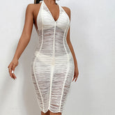 Low Back Halter V Neck Ladder Knit Brazilian Midi Beach Cover Up Dress